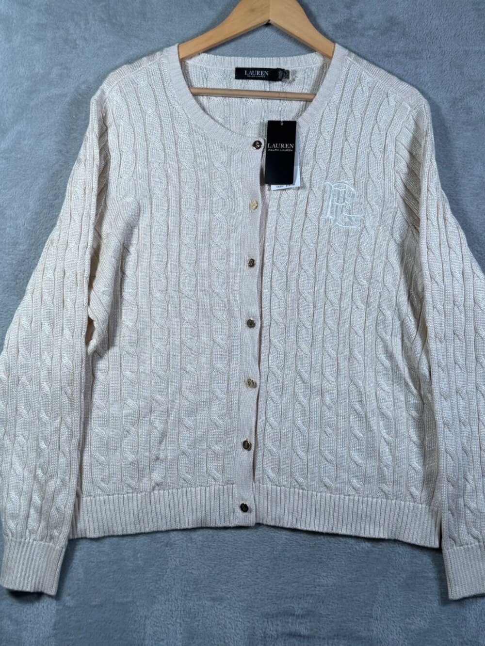 Lauren Ralph Lauren Cardigan Sweater Womens XXL Cable Knit Monogram Gold Button